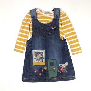 Next UK Pinny Dress Girls Sz 18-24m Denim Applique Mouse House Dungaree